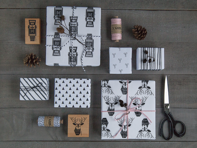 Wrapping paper DIY black-and-white with linen twine and stamps | GARN & MEHR
