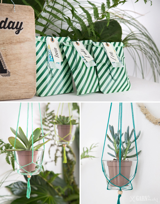 Selfmade Goodiebags and DIY hanging planters with yarn for a urban jungle party decoration - www.garn-und-mehr.de